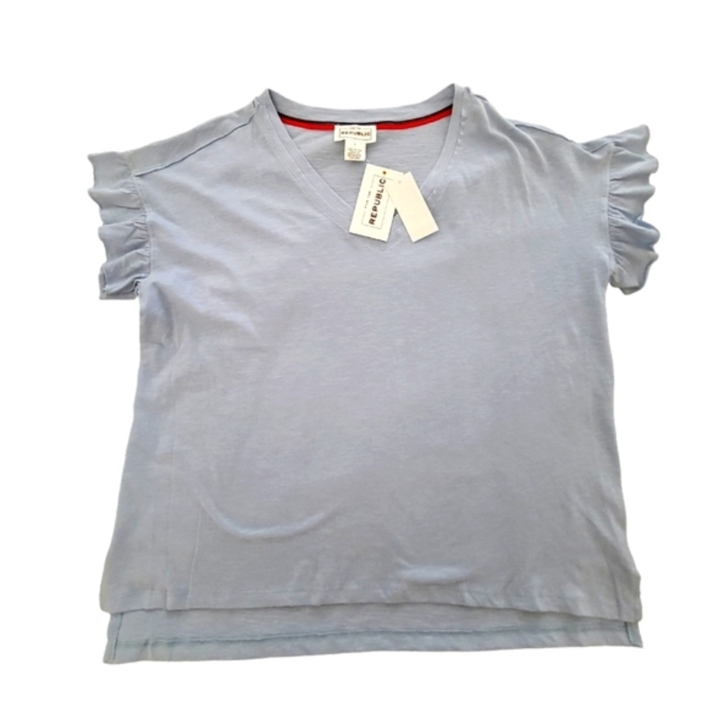 Women's For the Republic Blue V-neck Tee Shirt Ruffled Sleeves‎